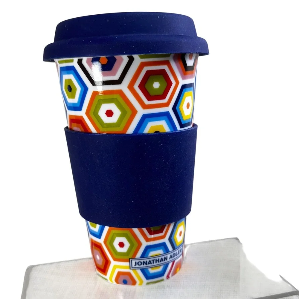 Jonathan Adler Travel Mug Geometric Hexagon Ceramic Silicone Lid Sleeve Blue Cup